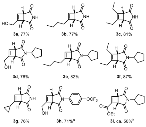 Figure 1 連續(xù)環(huán)丁烯合成的底物范圍；使用20mol%的噻噸酮； b 對(duì)二氧化硅不穩(wěn)定。